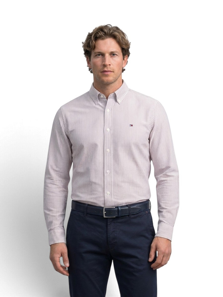Bordeaux/wit gestreept katoenen hemd (regular fit) met lange mouwen Tommy Hilfiger 