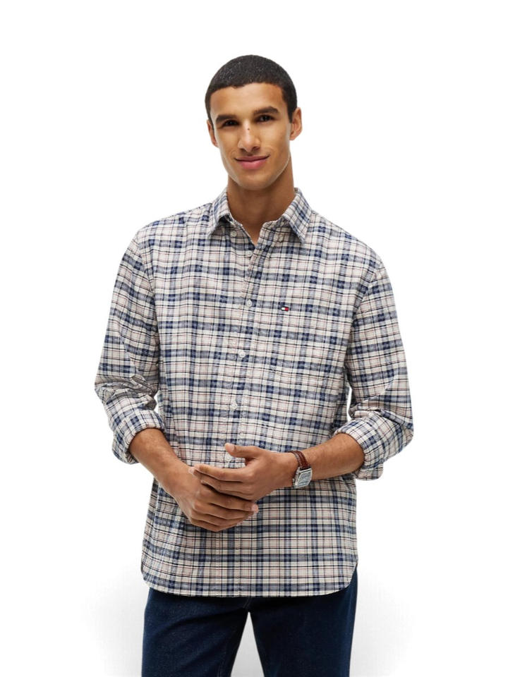 blauw beige katoenen hemd ( regular fit)  in ruitmotief Tommy Hilfiger 