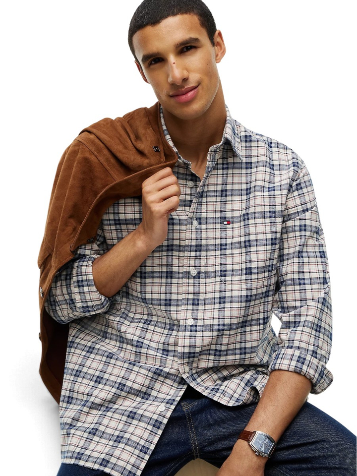 blauw beige katoenen hemd ( regular fit)  in ruitmotief Tommy Hilfiger 