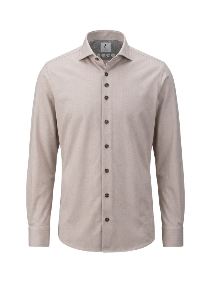 Beige katoenen hemd (slim fit) met visgraatmotief en lange mouwen R2