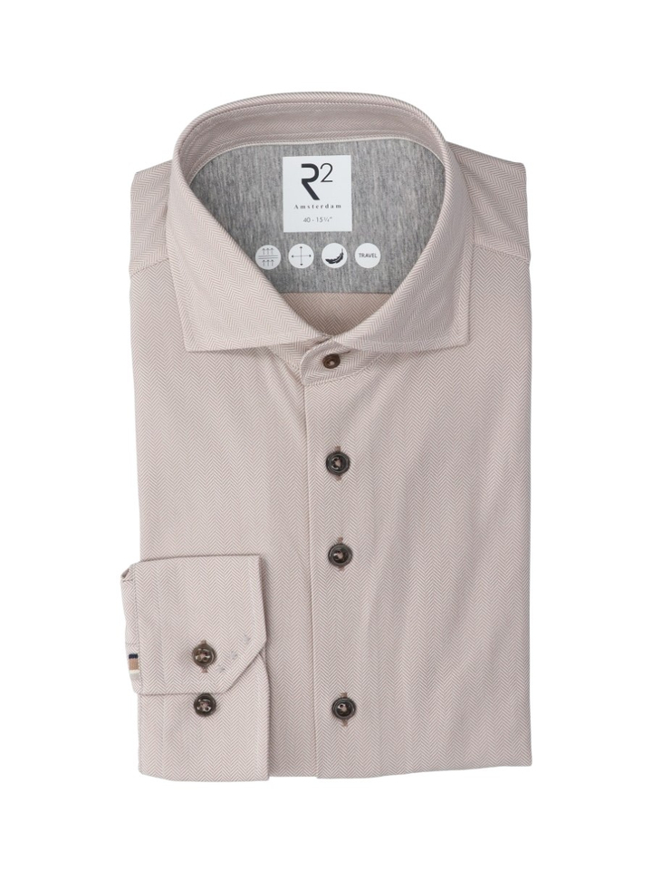 Beige katoenen hemd (slim fit) met visgraatmotief en lange mouwen R2