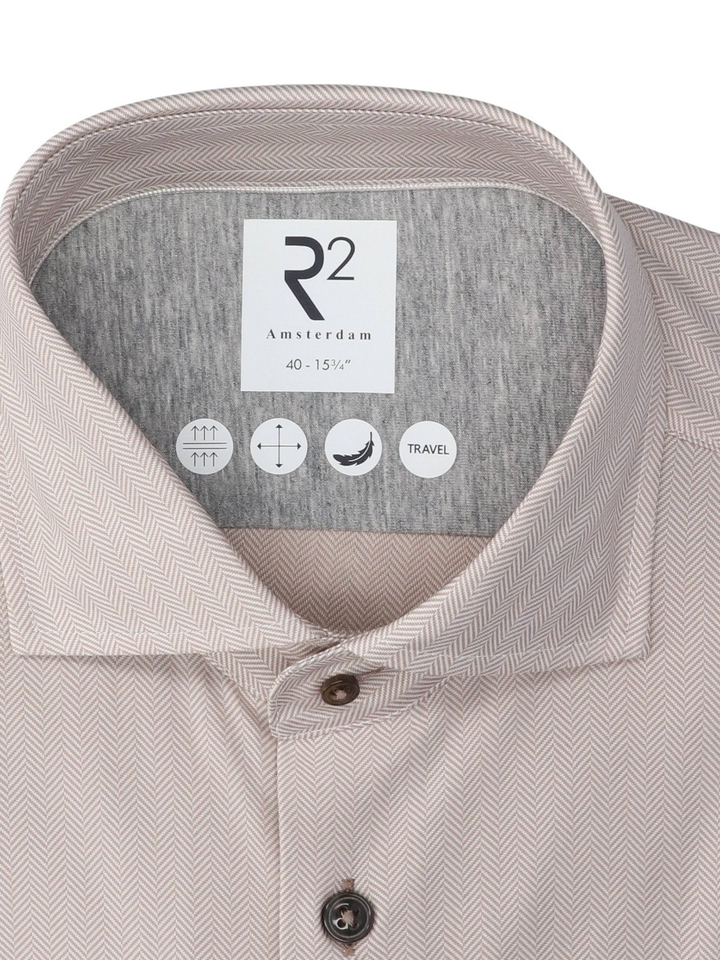 Beige katoenen hemd (slim fit) met visgraatmotief en lange mouwen R2