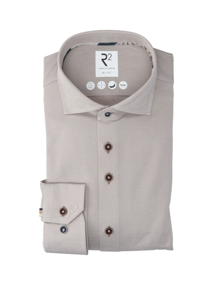 Taupe katoenen hemd (regular fit) met structuur en lange mouwen R2