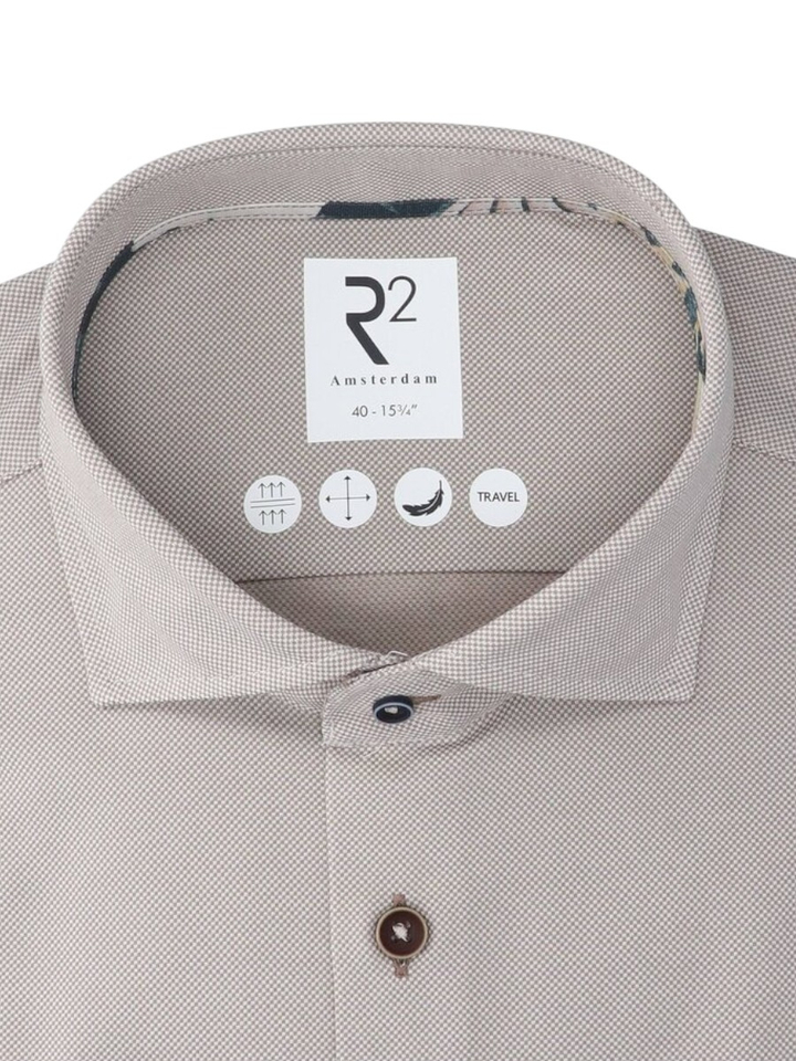 Taupe katoenen hemd (regular fit) met structuur en lange mouwen R2