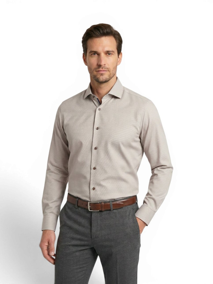Taupe katoenen hemd (regular fit) met structuur en lange mouwen R2