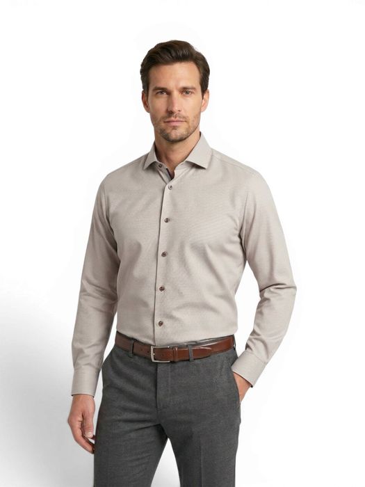 Taupe katoenen hemd (regular fit) met structuur en lange mouwen R2