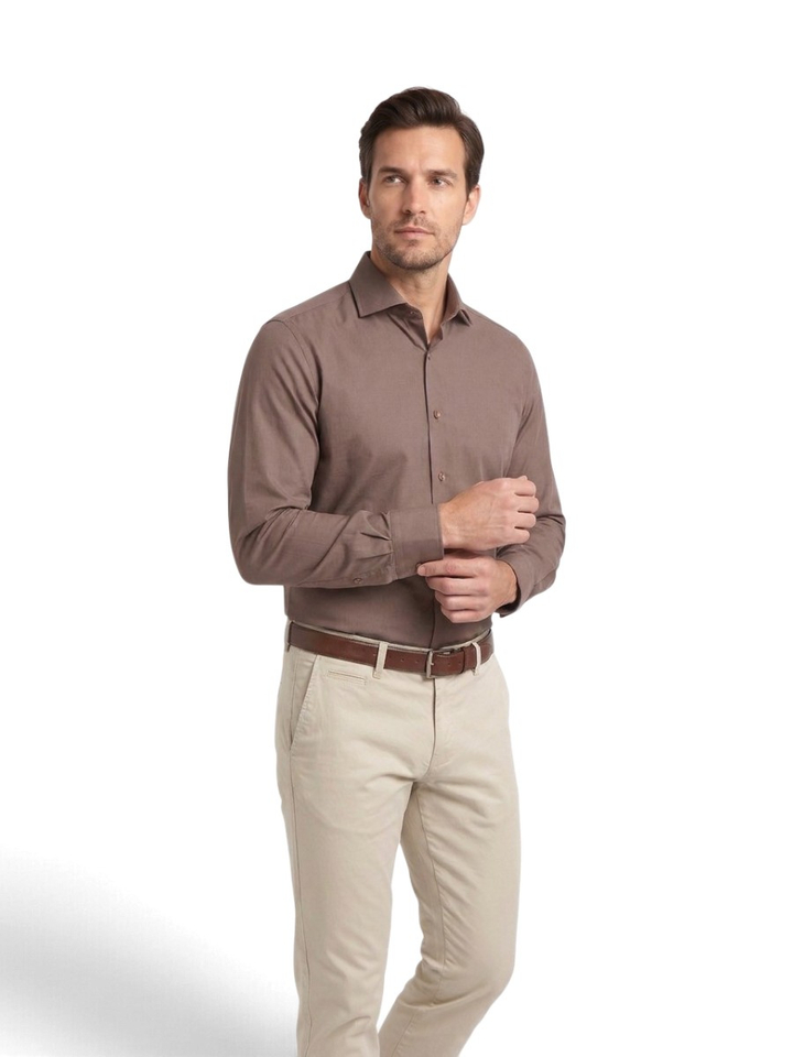 Taupe katoenen hemd ( regular fit) met lange mouwen 