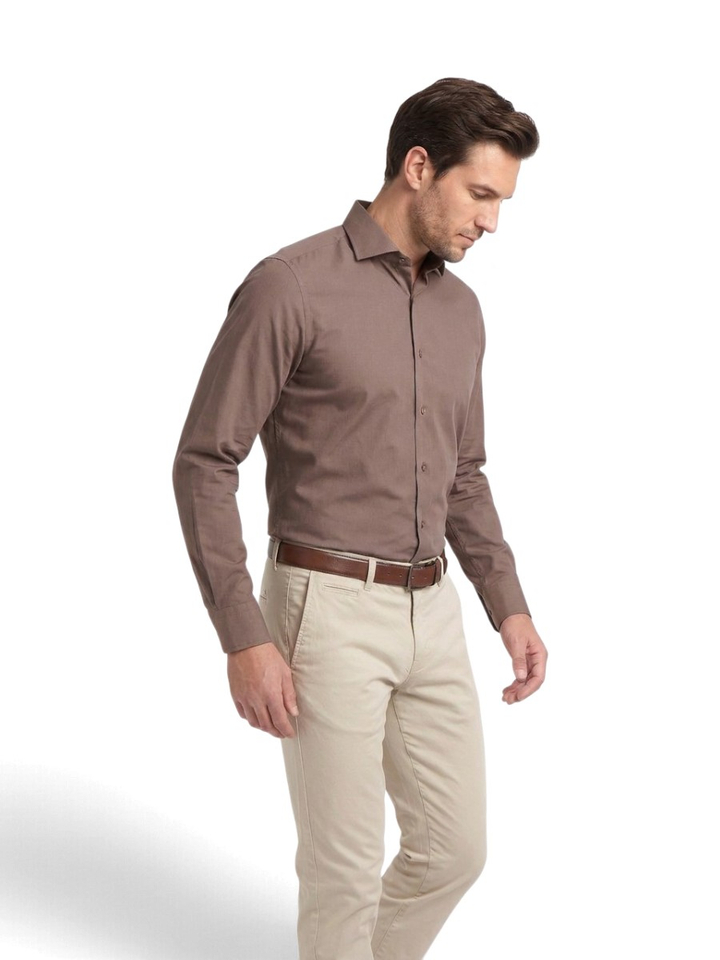Taupe katoenen hemd ( regular fit) met lange mouwen 