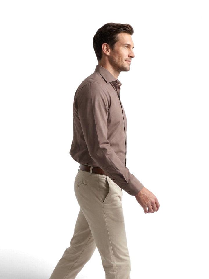 Taupe katoenen hemd ( regular fit) met lange mouwen 