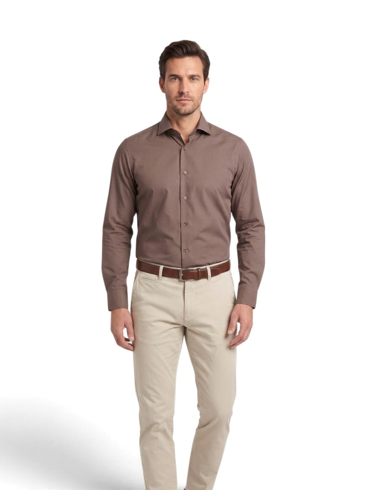 Taupe katoenen hemd ( regular fit) met lange mouwen 