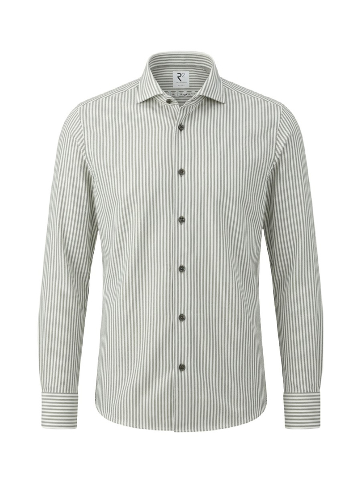 Wit katoenen hemd (slim fit) met groene strepen en lange mouwen R2