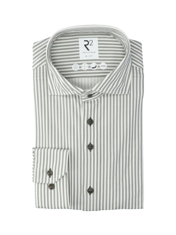 Wit katoenen hemd (slim fit) met groene strepen en lange mouwen R2