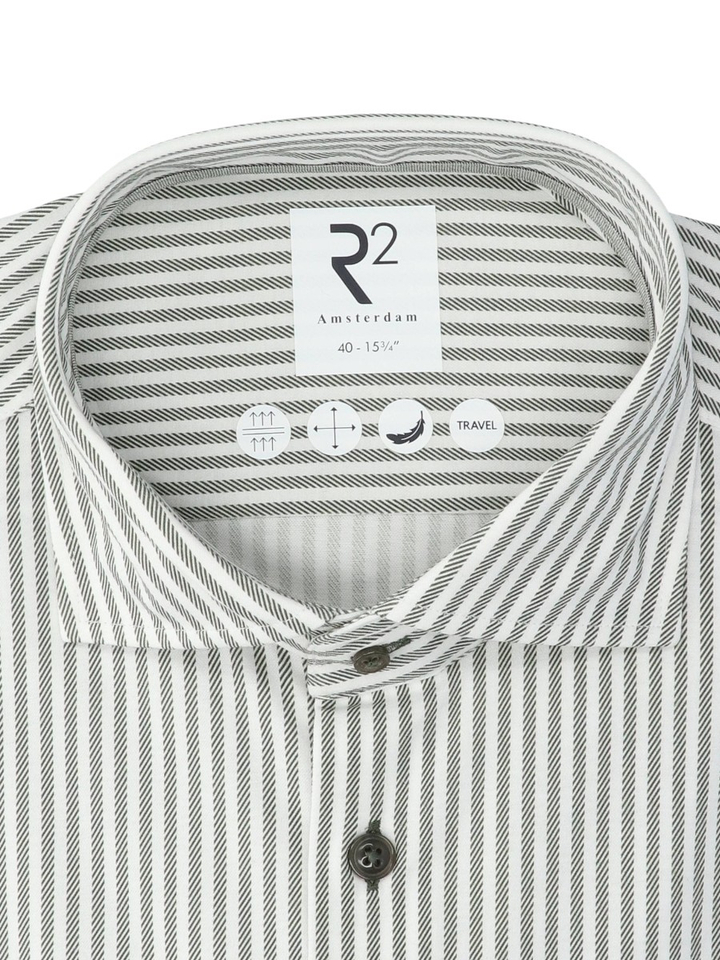 Wit katoenen hemd (slim fit) met groene strepen en lange mouwen R2