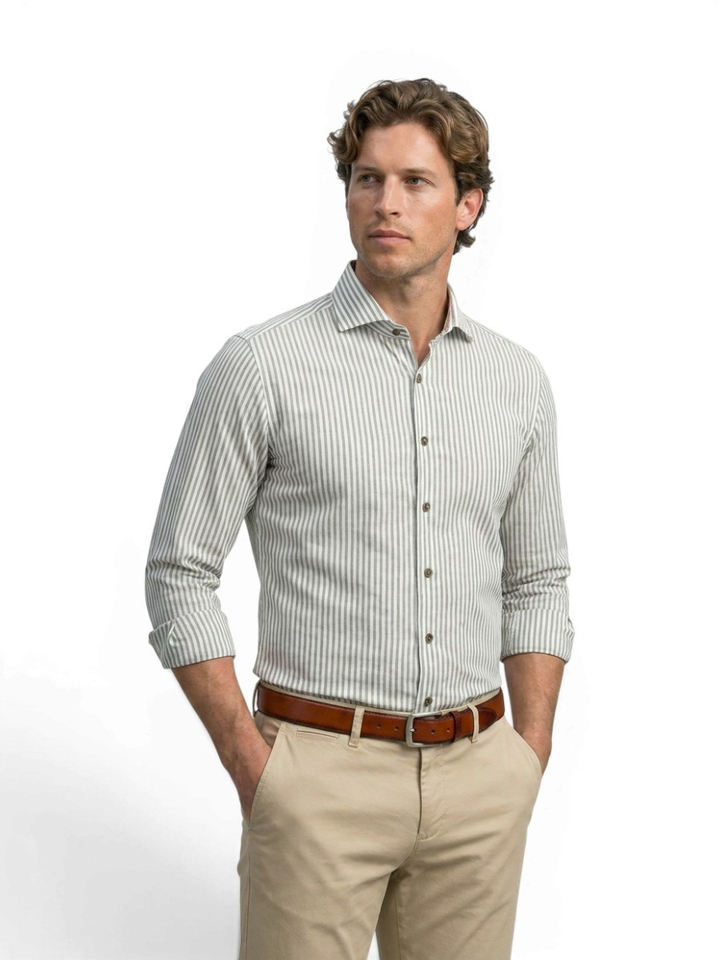 Wit katoenen hemd (slim fit) met groene strepen en lange mouwen R2