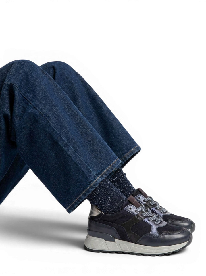 Velour dark blue steel lage sneakers Gabor