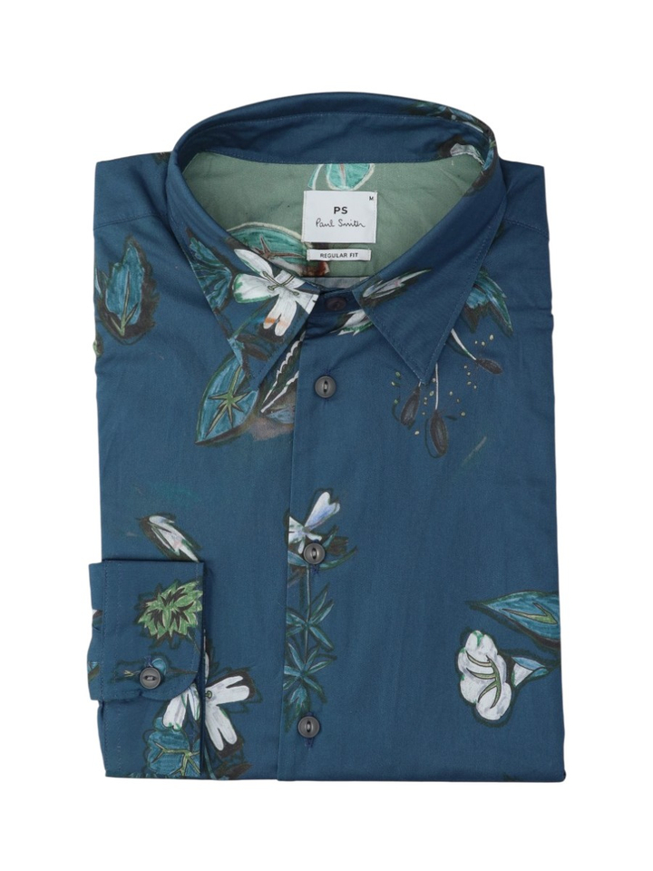 Petrol katoenen hemd (reguar fit) met bloemen en lange mouwen Paul Smith