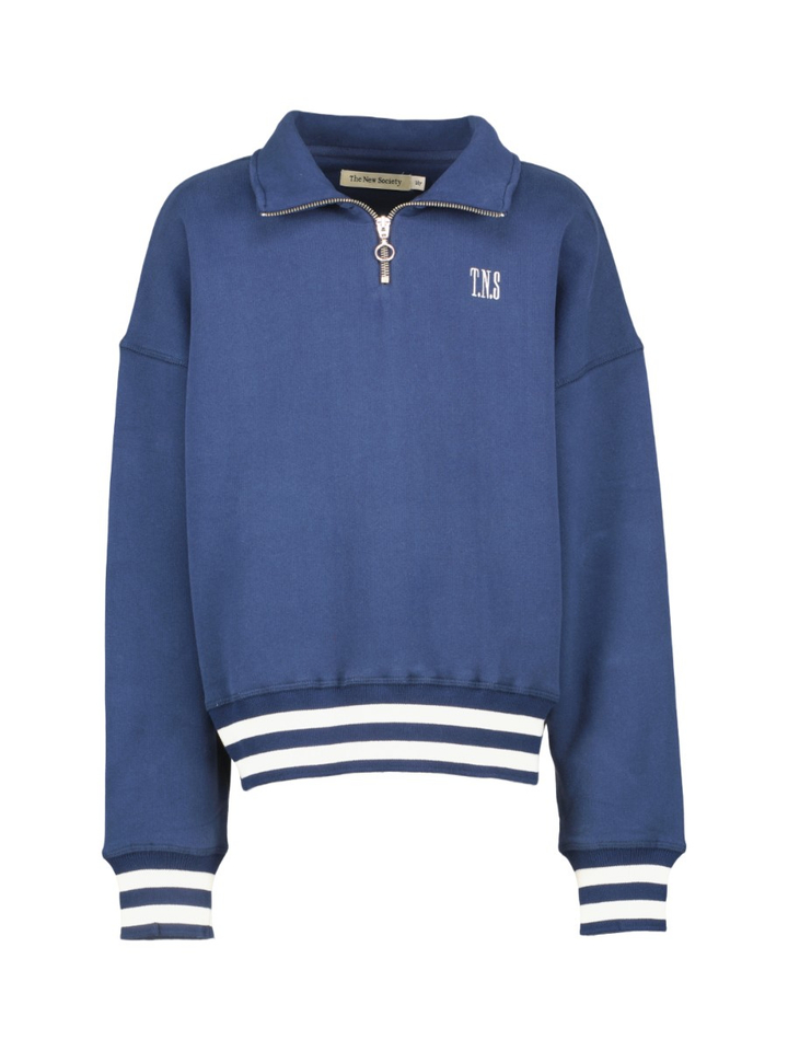 Blauwe sweater met korte rits en streepdetail The New Society