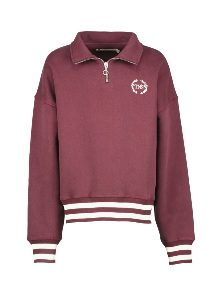 Bordeaux sweater met korte rits en streepdetail The New Society