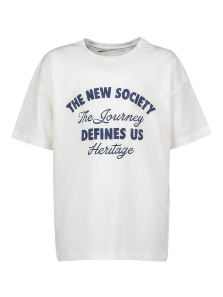 Witte T-shirt met blauwe letters The New Society