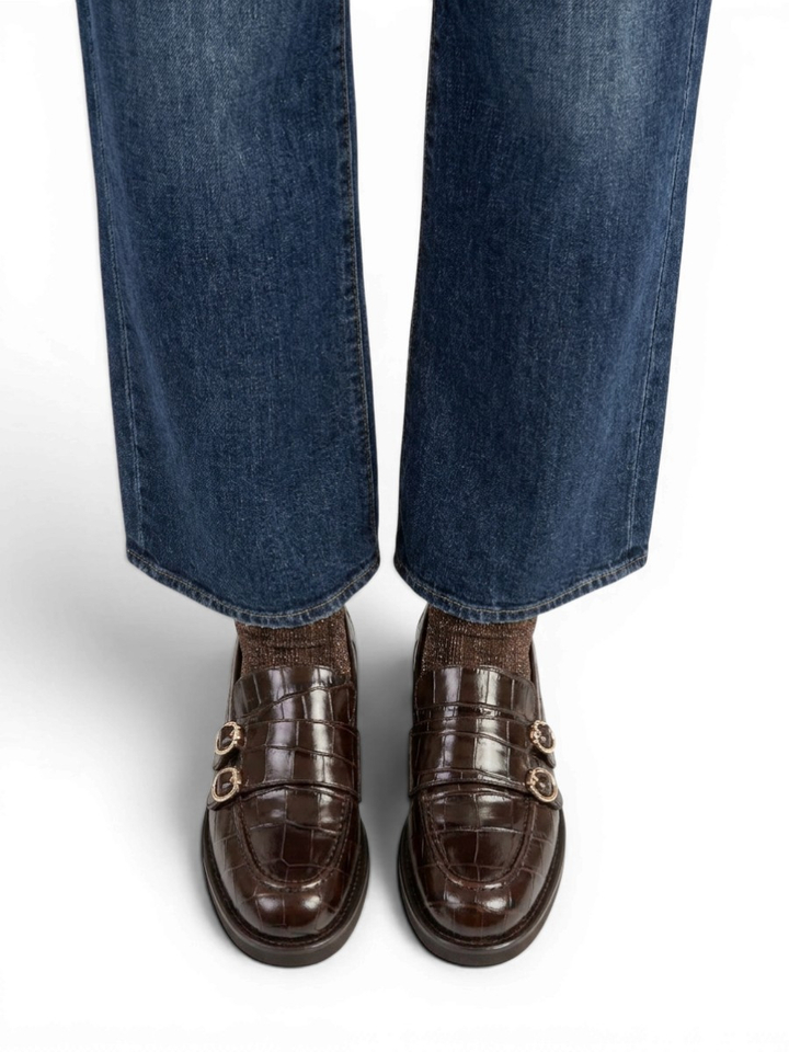 Bruine lederen mocassin met riem detail Luca Grossi