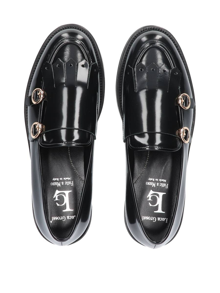 Zwarte lederen mocassin met riem detail Luca Grossi