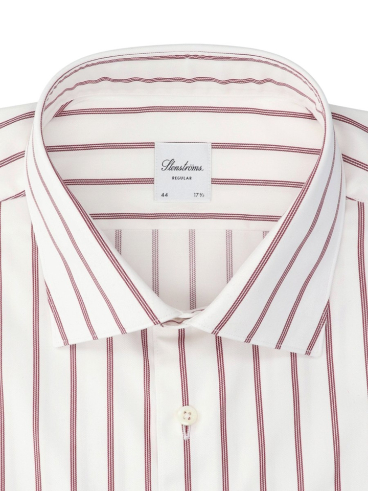 Wit katoenen hemd ( regular fit) met bordeaux fijne streep en lange mouwen Stenstroms
