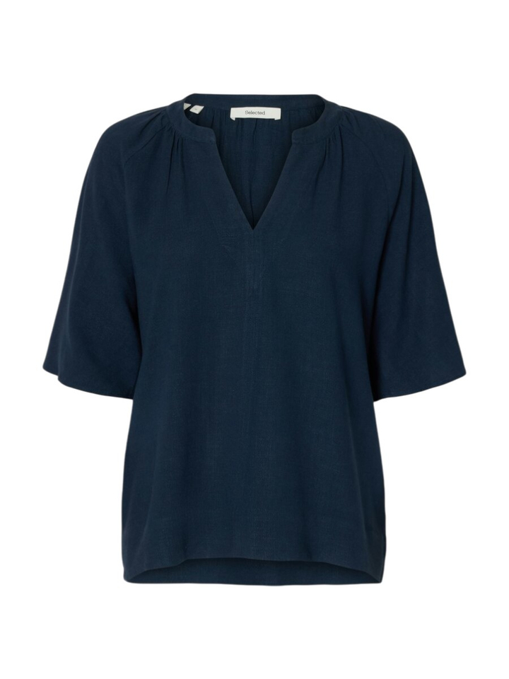 Donkerblauwe blouse met V-hals Selected 