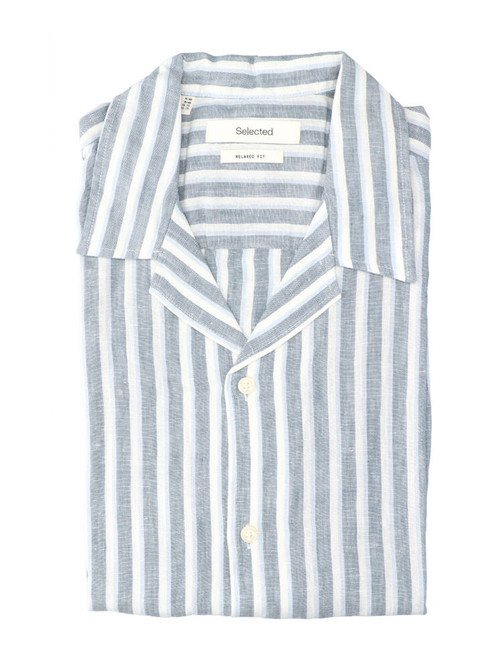 Blauw linnen hemd (regular fit) met strepen en korte mouwen Selected