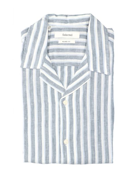 Blauw linnen hemd (regular fit) met strepen en korte mouwen Selected