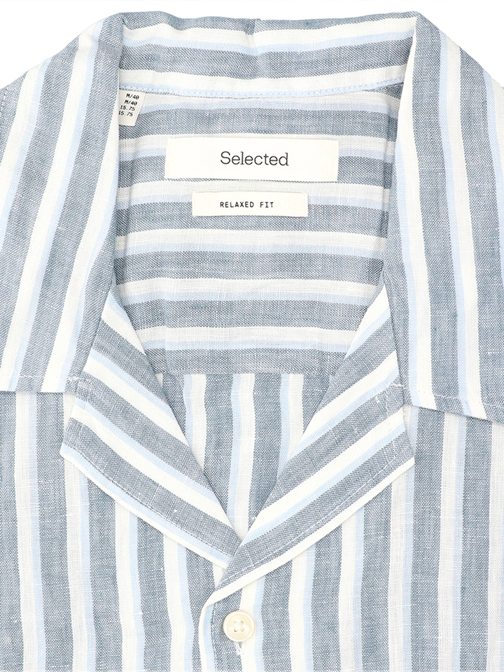 Blauw linnen hemd (regular fit) met strepen en korte mouwen Selected