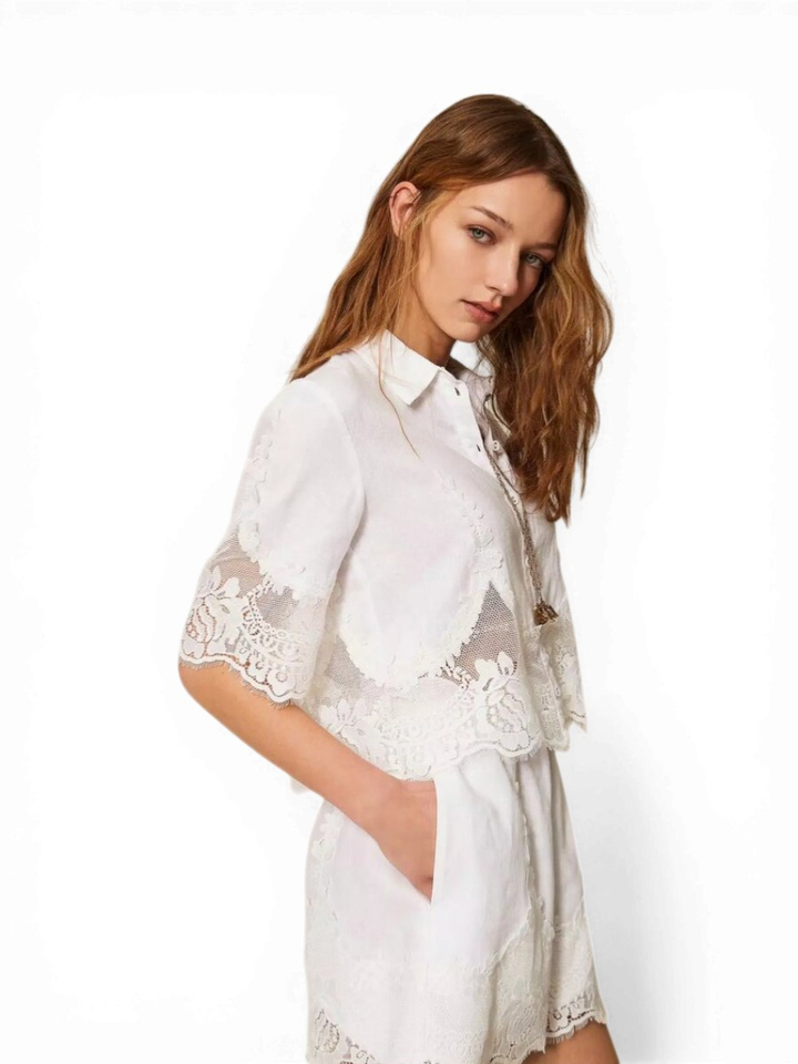 Witte linnen bloes met kanten detail Twinset 