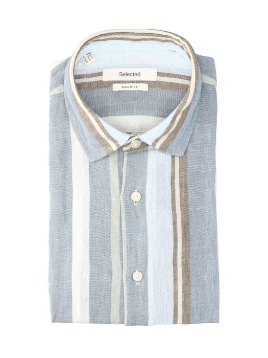 Blauw mirage linnen hemd (regular fit) met strepen en lange mouwen Selected