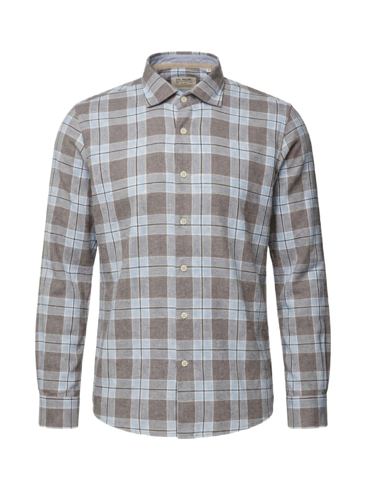 Beige hemd met blauwe ruit (regular fit) met lange mouwen Fil Noir 