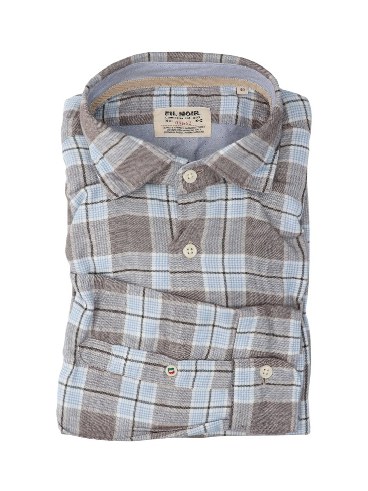 Beige hemd met blauwe ruit (regular fit) met lange mouwen Fil Noir 