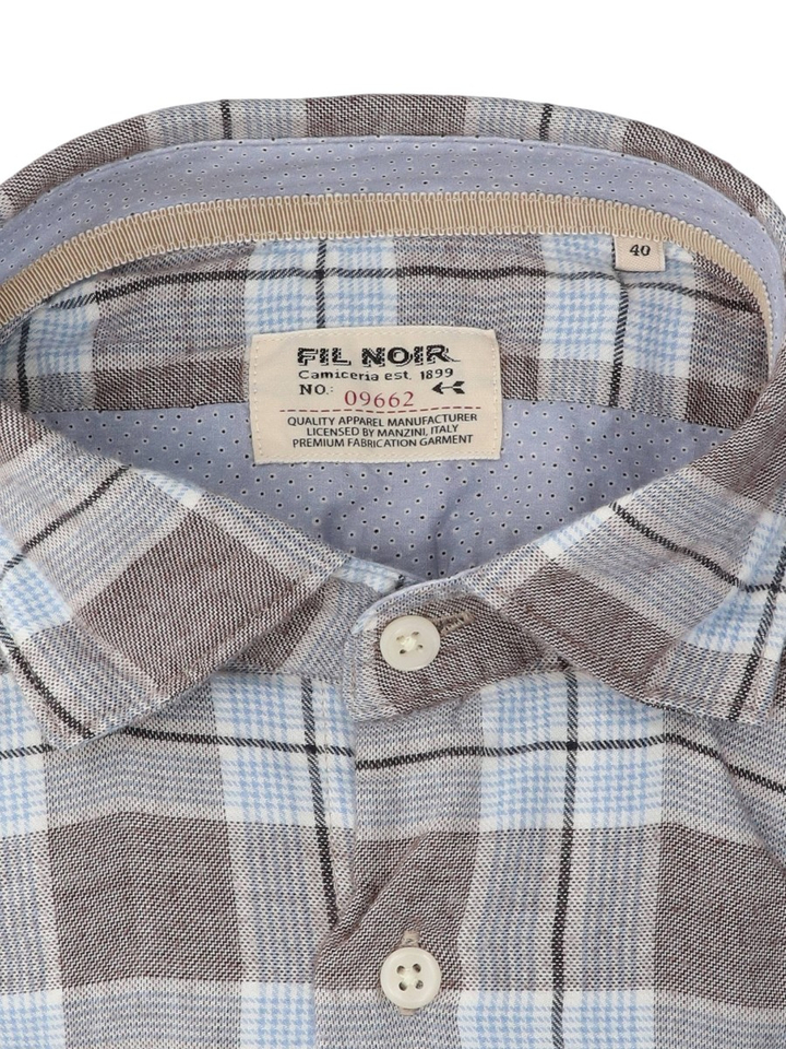 Beige hemd met blauwe ruit (regular fit) met lange mouwen Fil Noir 