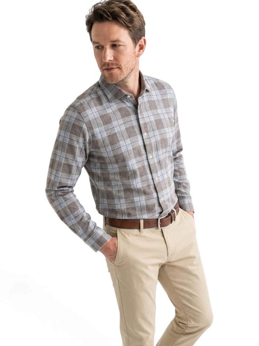 Beige hemd met blauwe ruit (regular fit) met lange mouwen Fil Noir