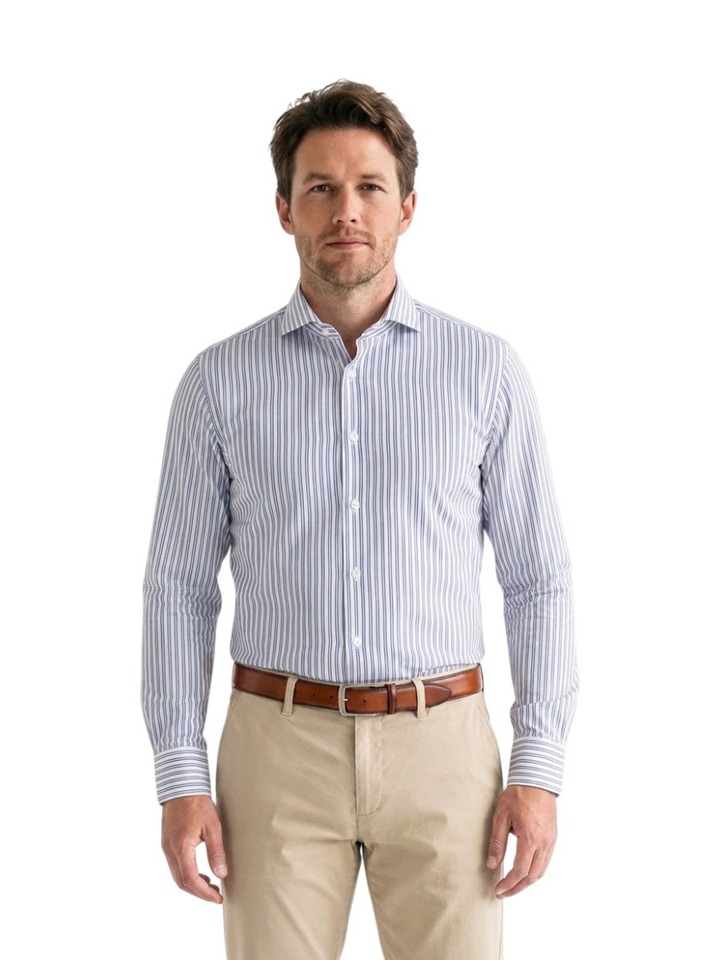 Wit hemd met blauwe strepen (regular fit) met lange mouwen Fil Noir 
