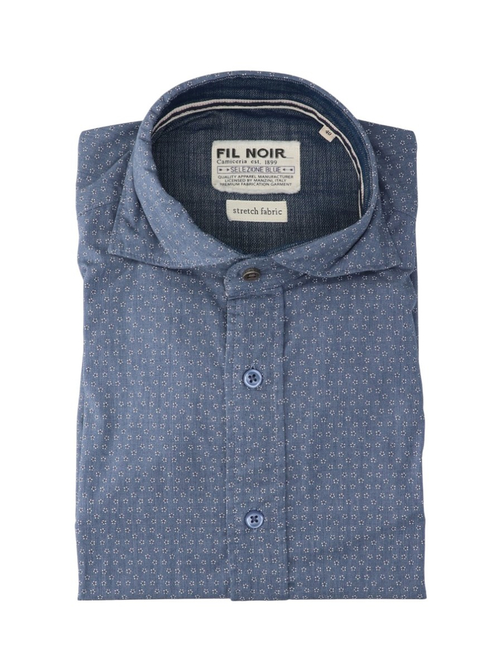 Blauw hemd met fijne bloemenprint ( stretch fabric) met lange mouwen Fil Noir