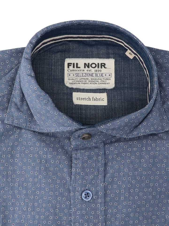 Blauw hemd met fijne bloemenprint ( stretch fabric) met lange mouwen Fil Noir