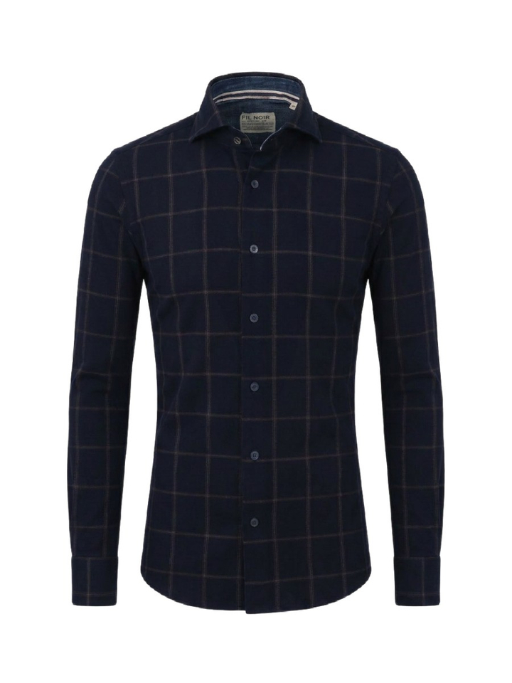 Donkerblauwe geruiten hemd (shaped fit) met lange mouwen Fil Noir
