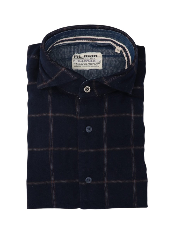 Donkerblauwe geruiten hemd (shaped fit) met lange mouwen Fil Noir