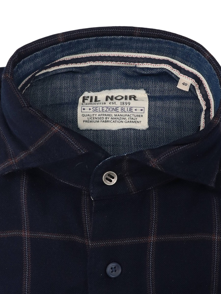 Donkerblauwe geruiten hemd (shaped fit) met lange mouwen Fil Noir