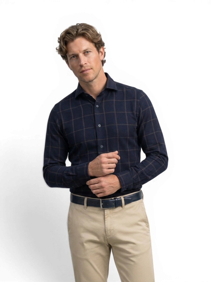Donkerblauwe geruiten hemd (shaped fit) met lange mouwen Fil Noir