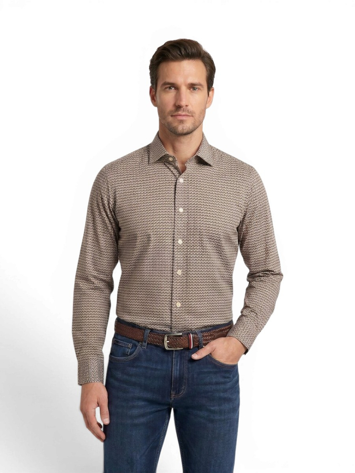 Beige katoenen hemd met print (regular fit) met lange mouwen Fill Noir 