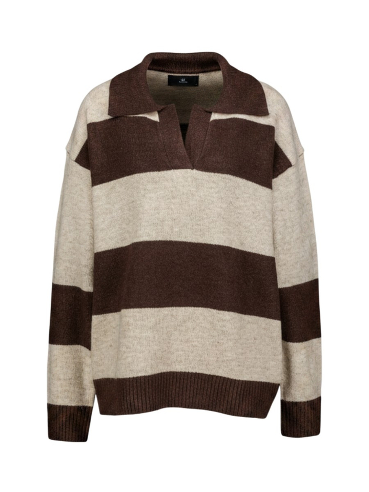 Grijs-bruin breed gestreepte polo trui met open V-halskraag Liza Henley Withblack