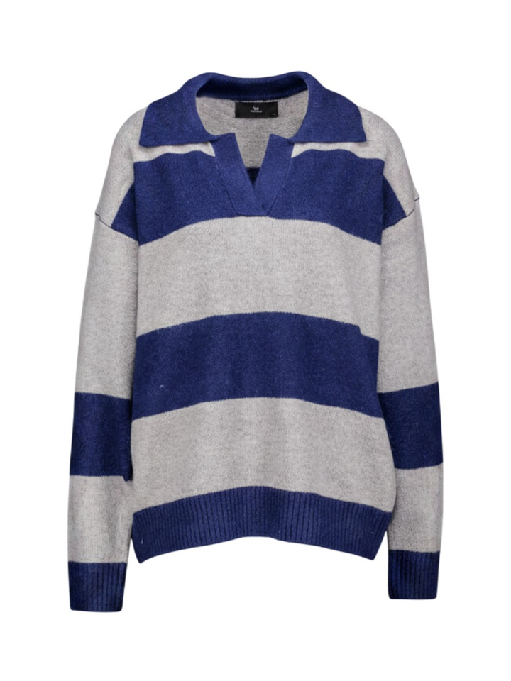 Grijs-blauw breed gestreepte polo trui met open V-halskraag Liza Henley Withblack
