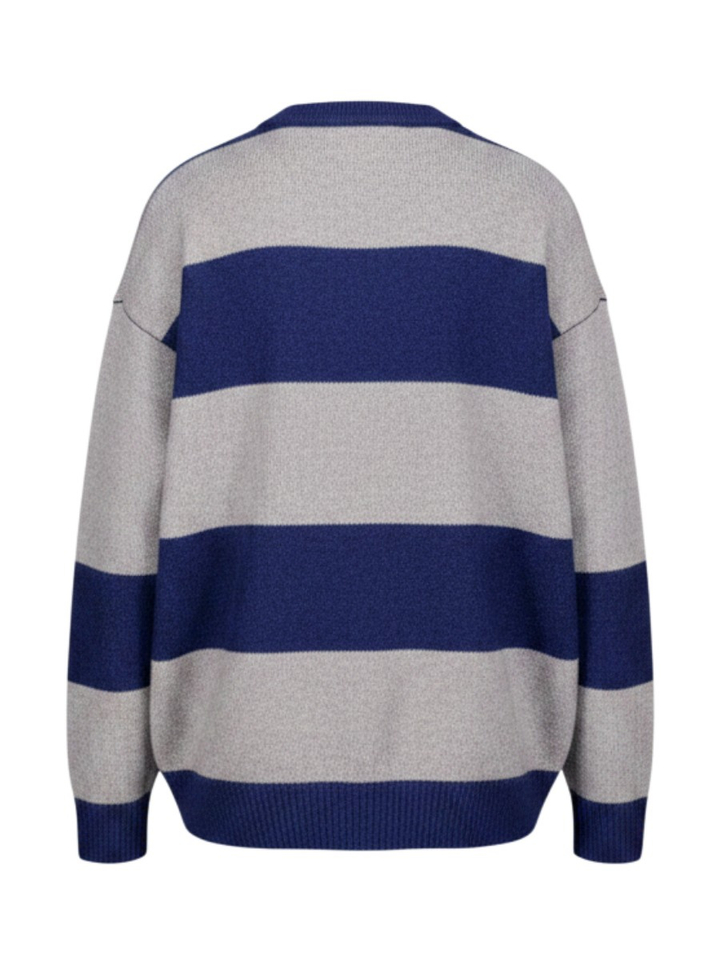 Grijs-blauw breed gestreepte polo trui met open V-halskraag Liza Henley Withblack