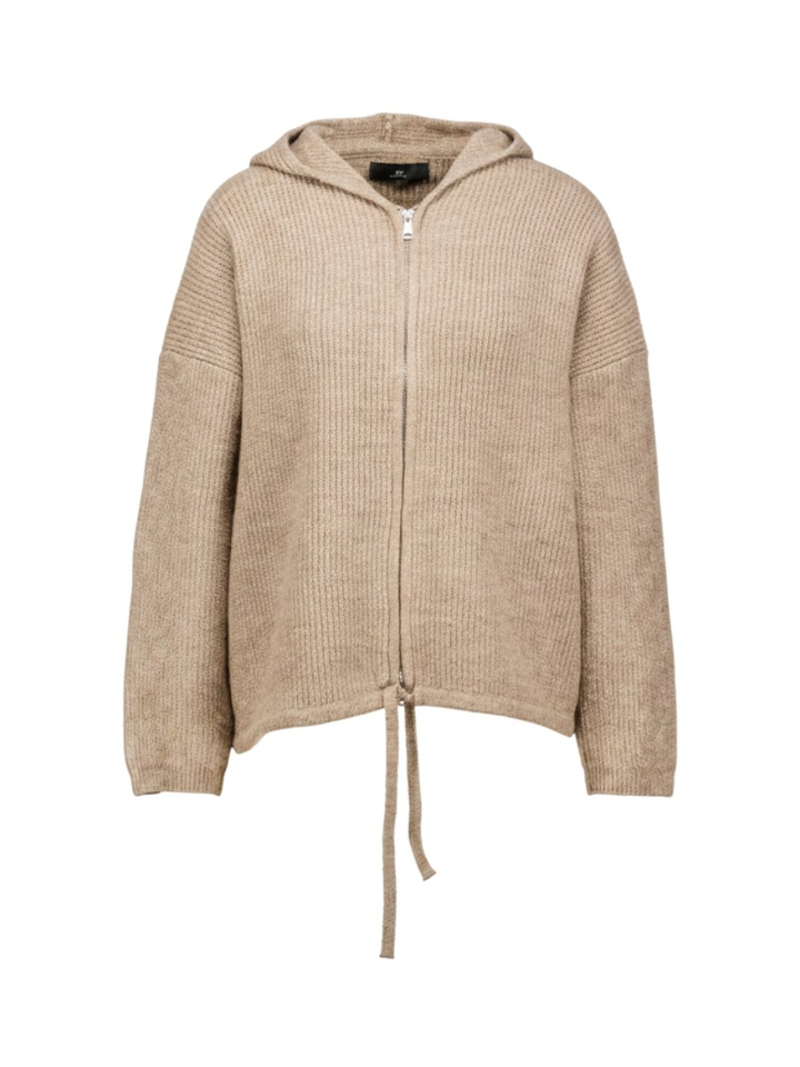 Beige ribgebreide trui met ritskraag en capuchon Liza Hooded Withblack