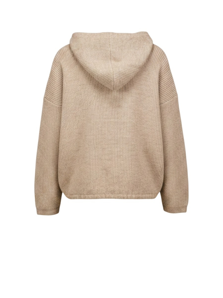 Beige ribgebreide trui met ritskraag en capuchon Liza Hooded Withblack