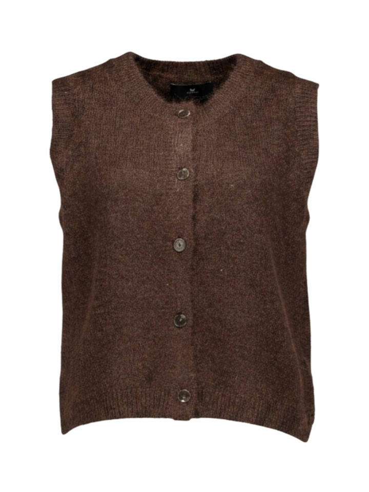 Chocoladebruine mouwloze gebreide cardigan met knopen Andrea Withblack